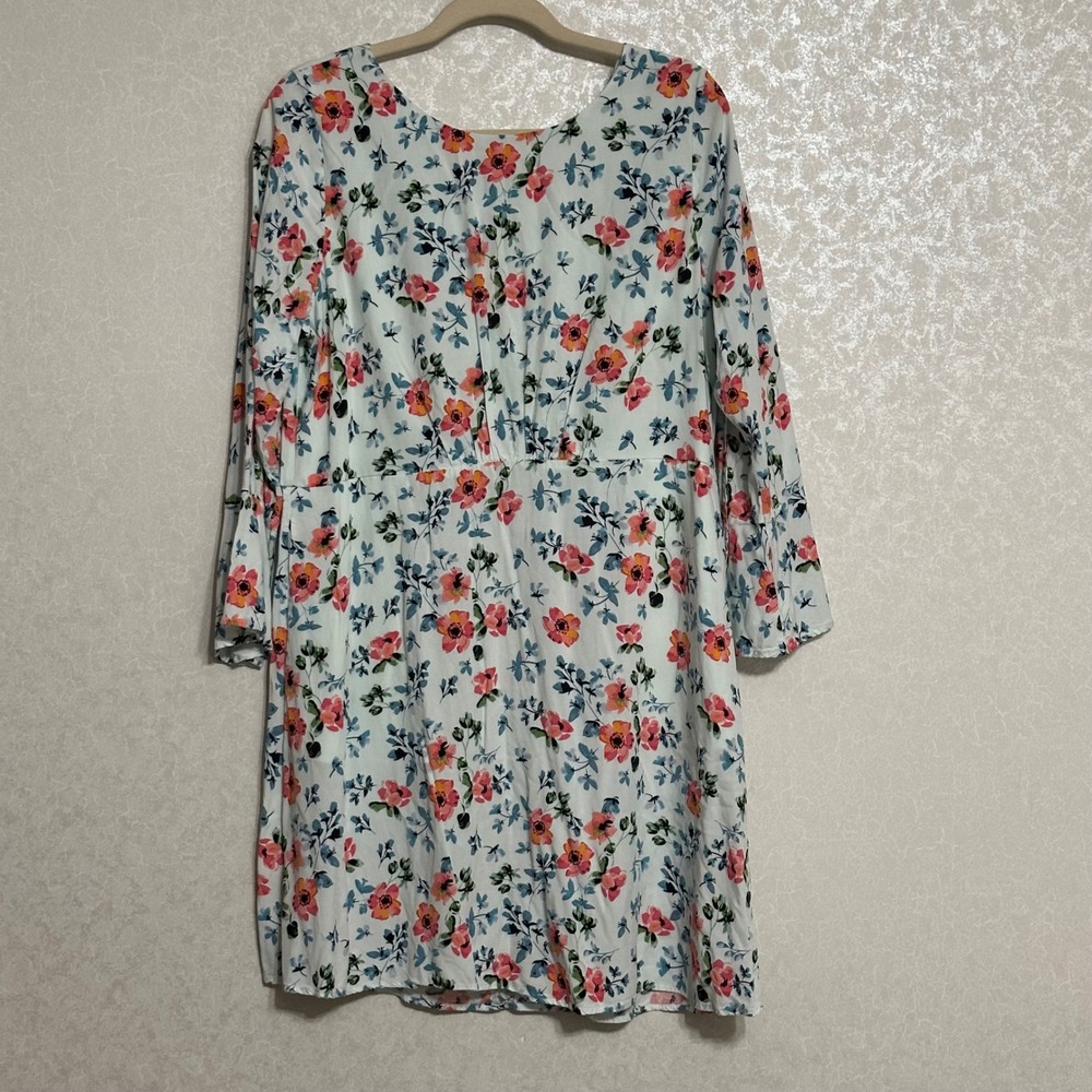 LOFT Blue Breeze Floral Print Dress Tie Back Bell 3/4 Sleeve White Pink‎ Size 12